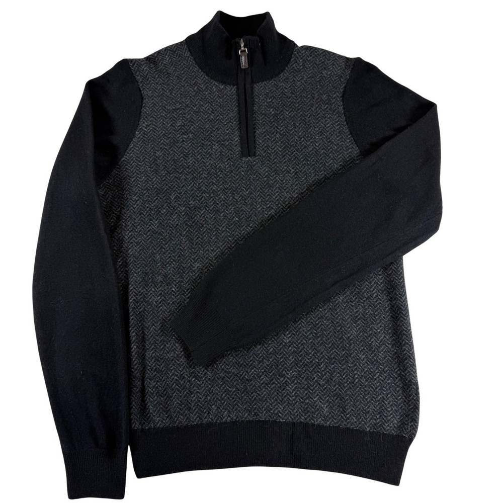 Gianetti Mens Wool Blend Quarter Zip Sweater Sml Black Herringbone Made in Italy